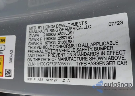 2023 Honda Accord Hybrid Sport-L from USA, damaged, VIN 1HGCY2F72PA053505
